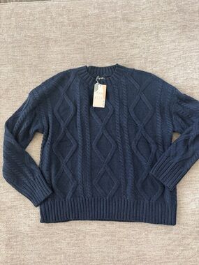 Navy Cable Knit Sweater - Classic Crewneck
